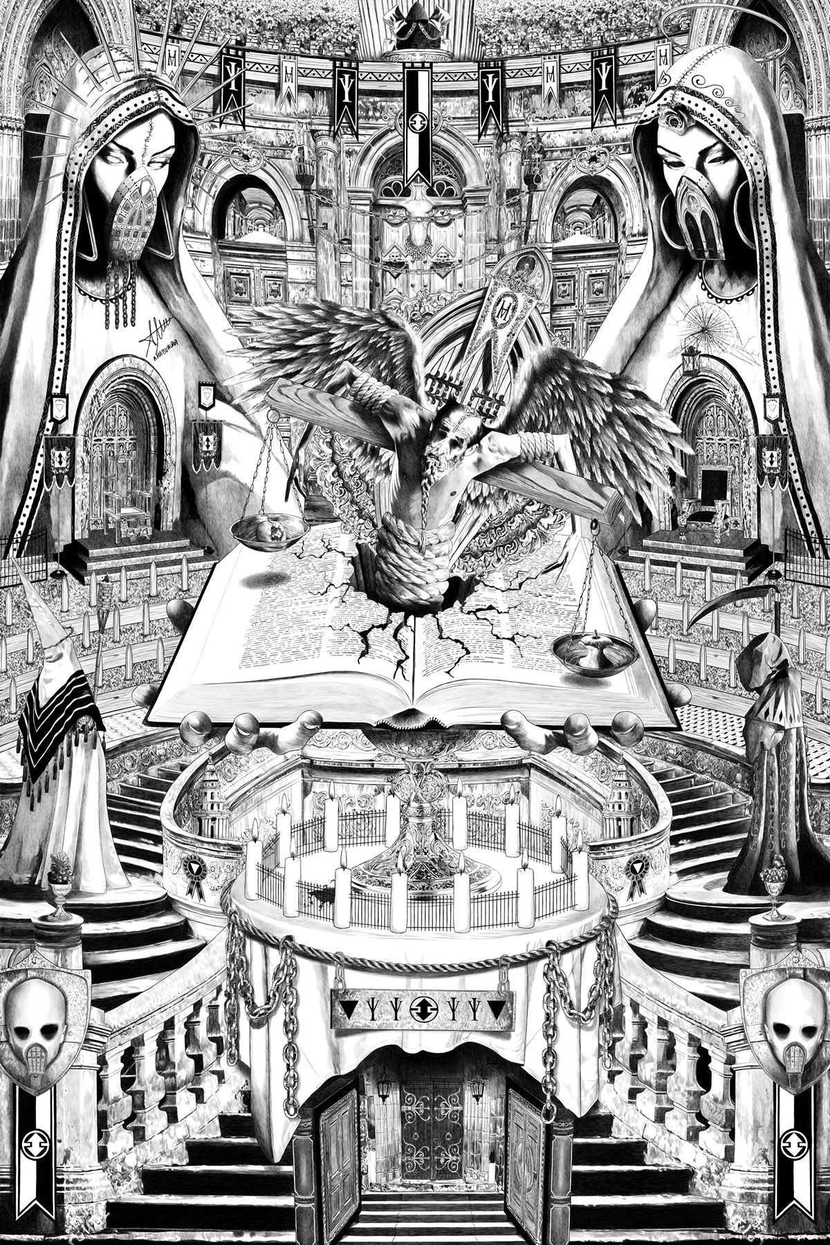 surrealismo surreal black and white blanco y negro virgen Cristo jesus monje Muerte death superstition supersticion ALAS wings dibujo