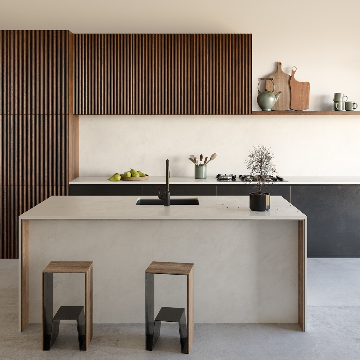 albarium architecture black CGI corona render  Cosentino interiordesign kitchen pears visualization