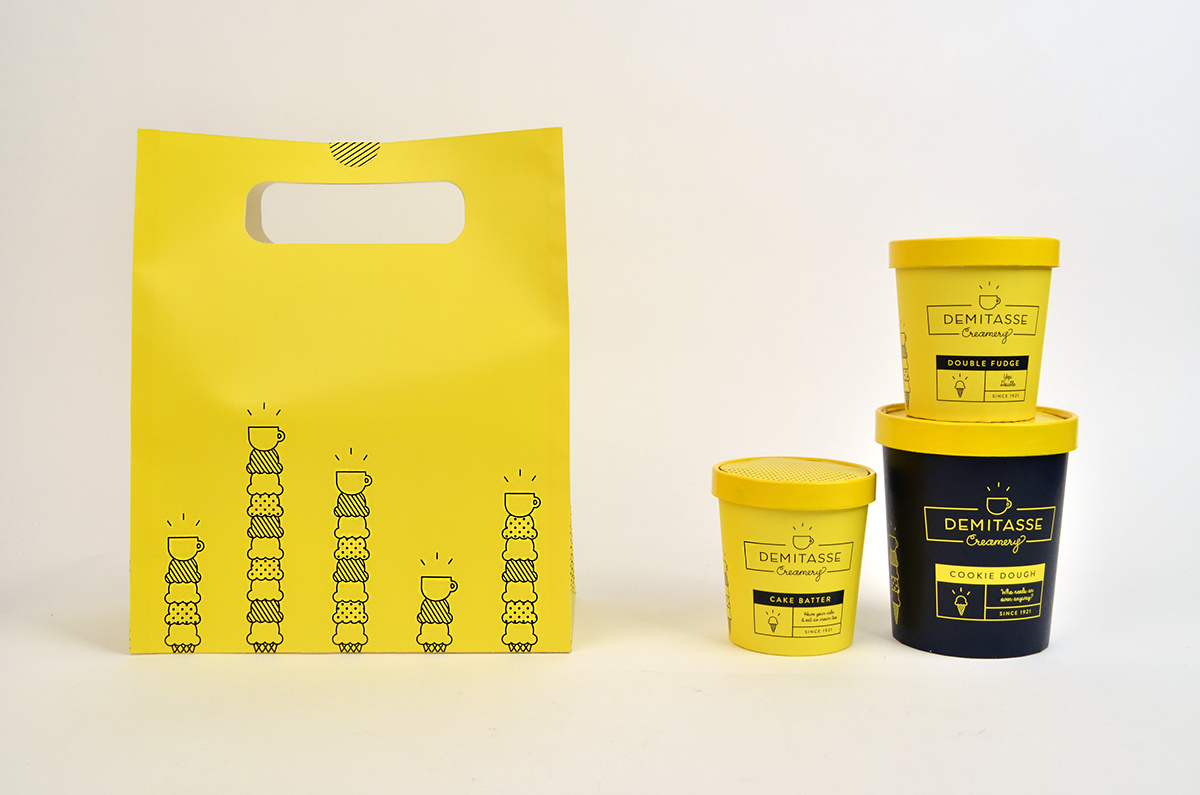 Coffee ice cream creamery identity logo yellow cup bag lid stripes dots puns