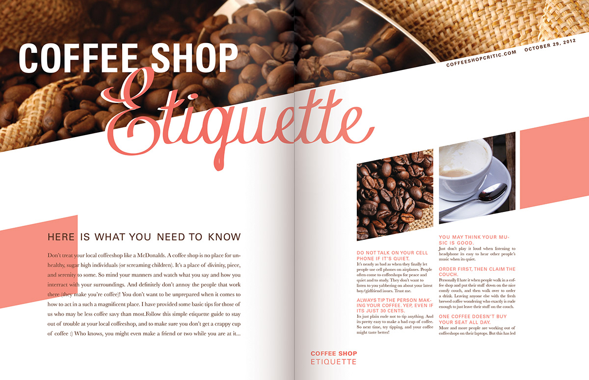 Coffee paragraph styles Script Font sans serif font bleed images magazine spread pink brown Student work julie sheeran graphic grid InDesign Double Page Spread