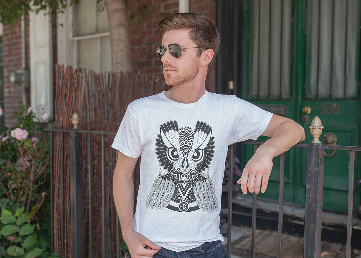 owl Illustrator black and white poster t-shirt