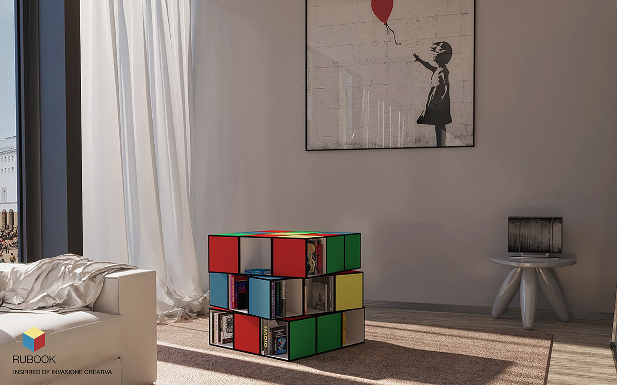 rubik cube furniture bookcase 3D design cool nerd book bookshelf