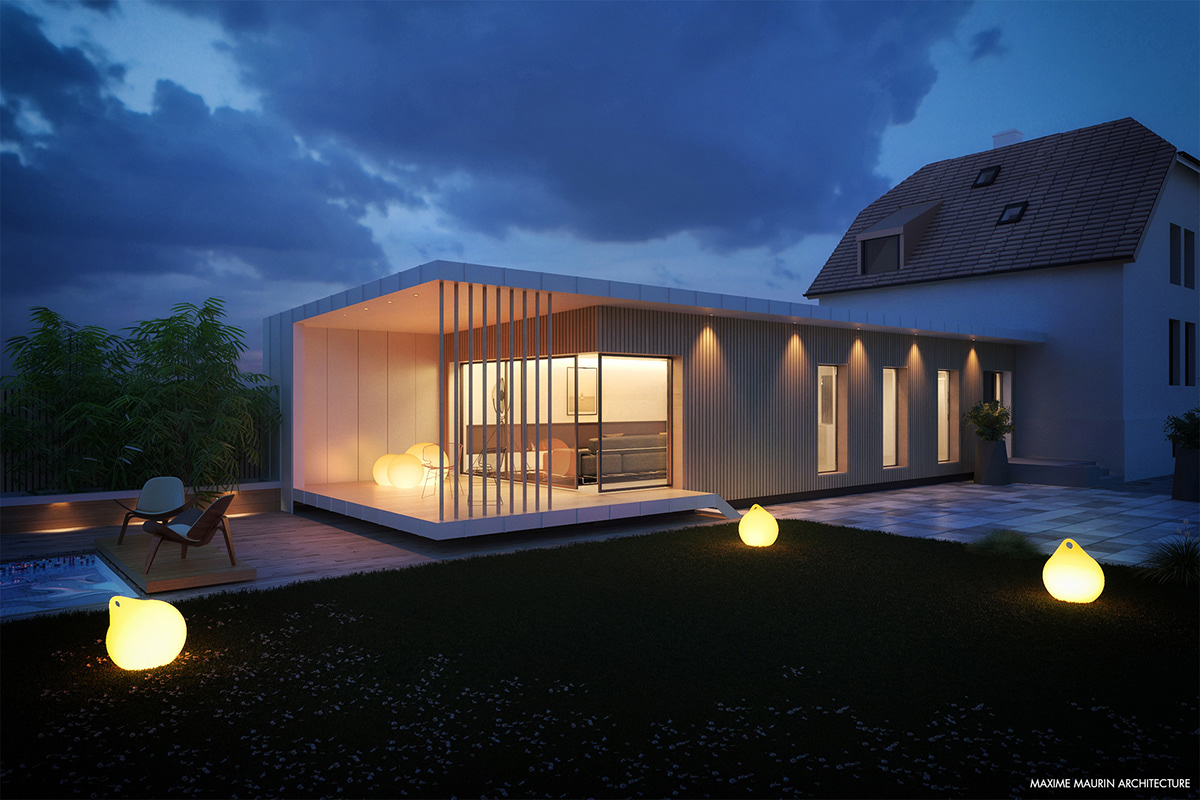 Paris Render 3ds max vray sunset house interiors exteriors garden lights alsace