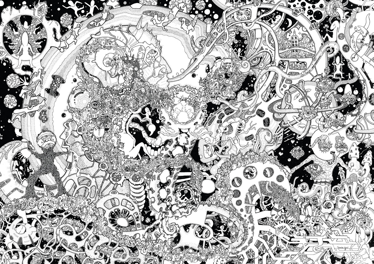 beatbox surreal psychedelic black and white pen and ink fineliner Micron Pens abstract Holland detailed monkie