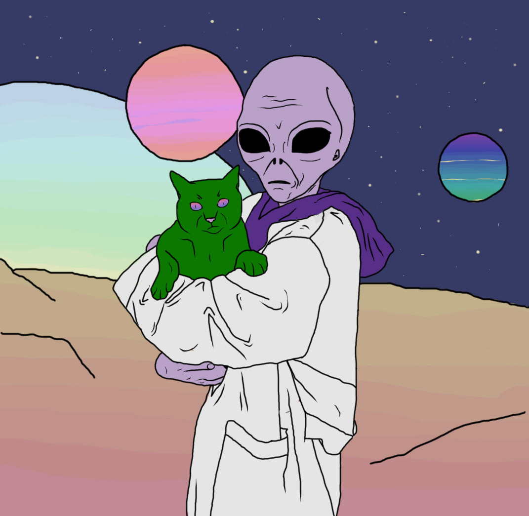 Вселенная градиент Зелёный Кот кот небо нло Планеты собака фантастика фиолетовая собака