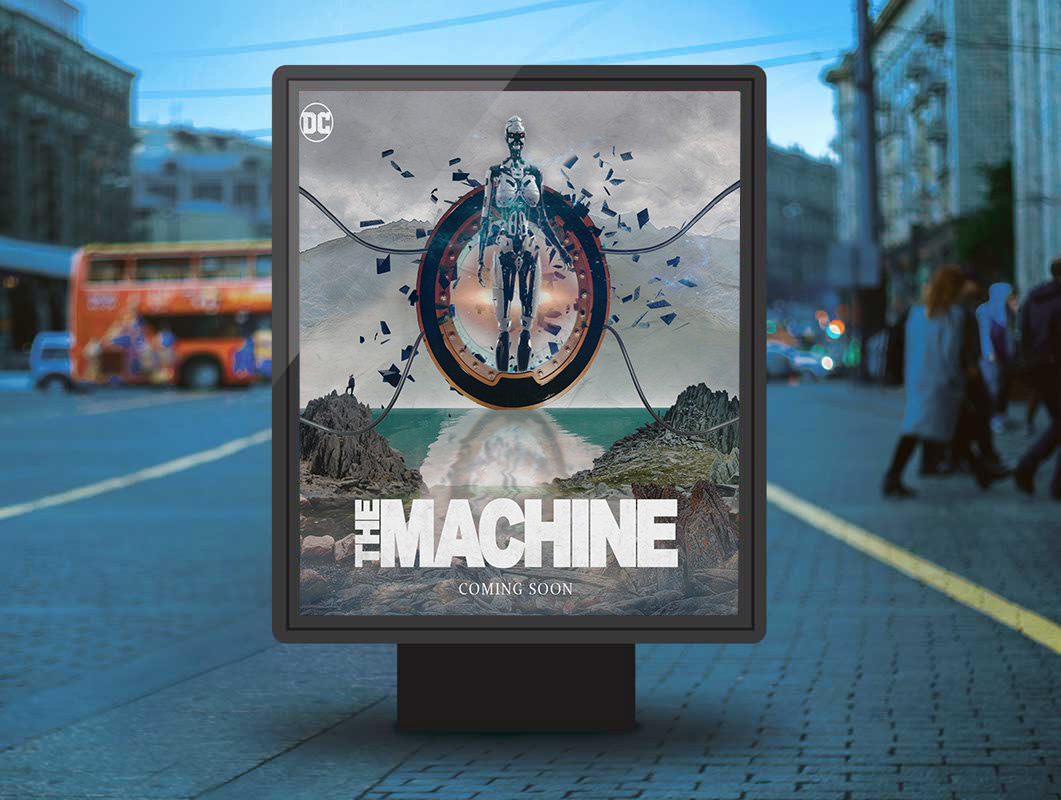 ads banner DC Universe Film   machine post Poster Design robot social media timemachine