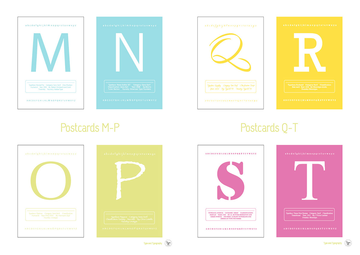 postcards alphabet letters A-Z type typefaces Typeface helvetica fonts type and typography set information colours print