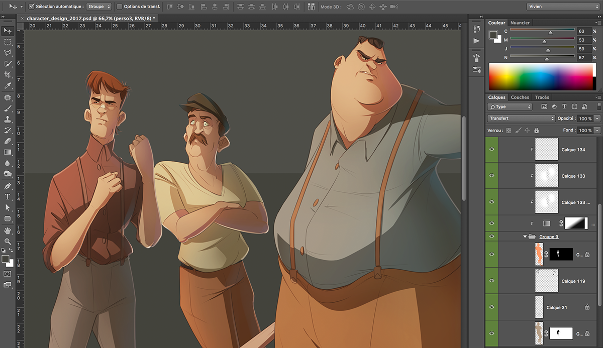 Character photoshop sketches Cintiq colors line-up process personnage line-art Fightclub