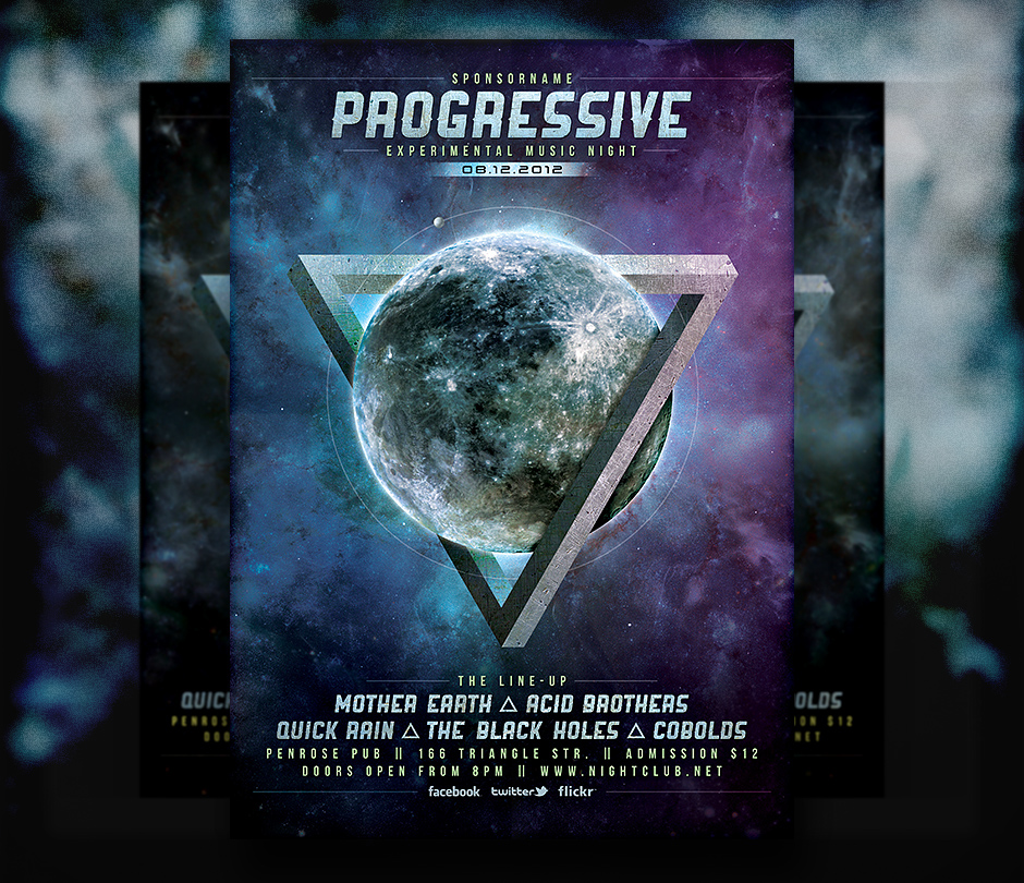 print template flyer poster progressive rock Space  Event universe stars planet indie penrose triangle futuristic future