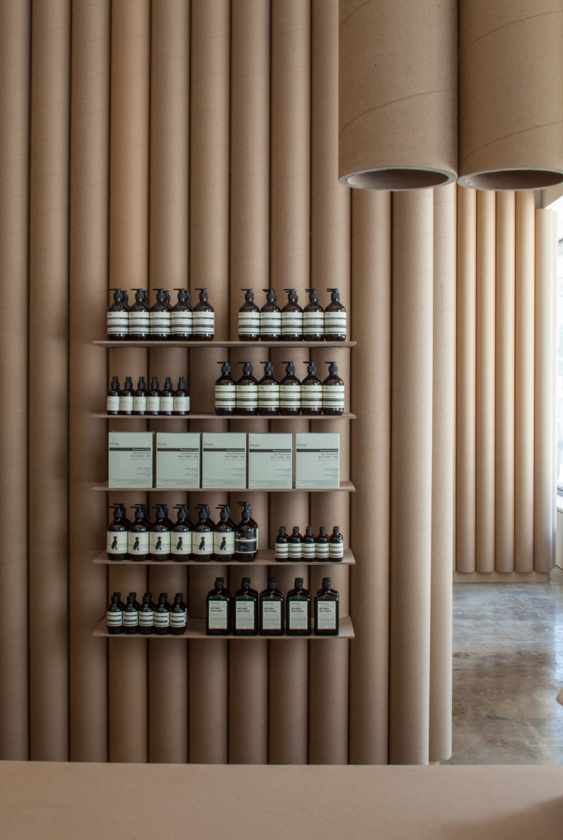 Aesop Brooks Scarpa cardboard tubes paper dtla skin care historic building fashion district modern interior paper desk retail store downtown storefront downtown los angeles environment global warming Adobe Portfolio Eastern Columbia Building