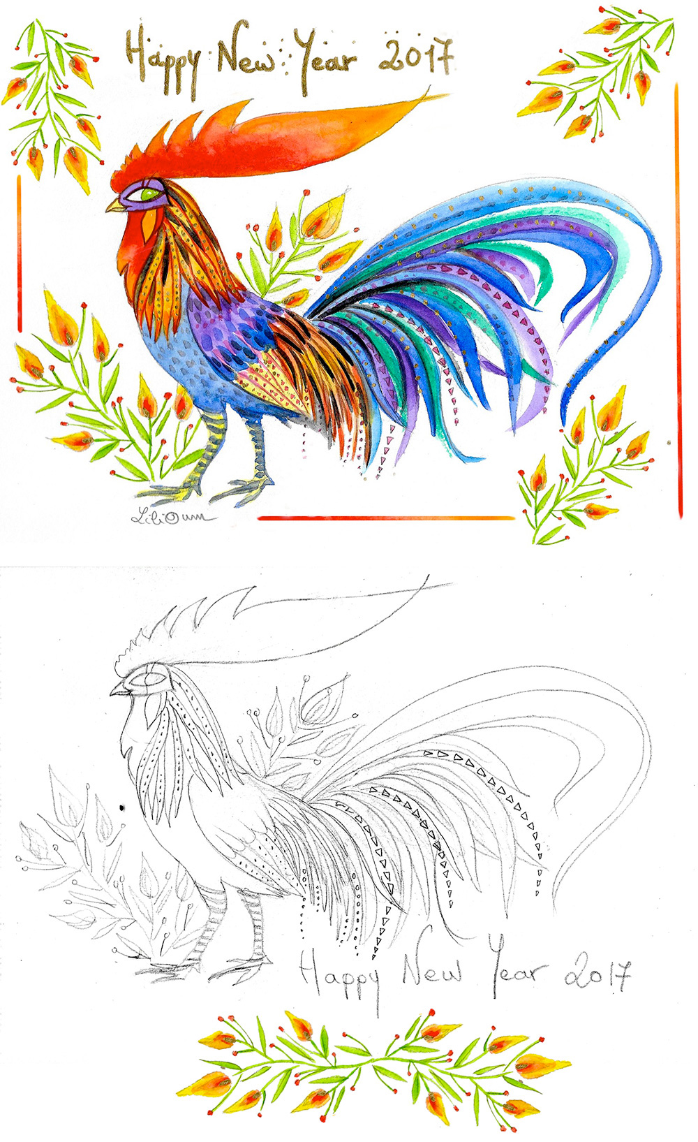 sketchbook pencil colors characters watercolor children kids Rooster