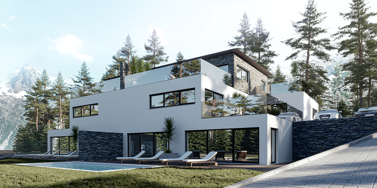 3dsmax Adobe Photoshop alps architecture austria CoronaRender  exterior forest modern Townhouse