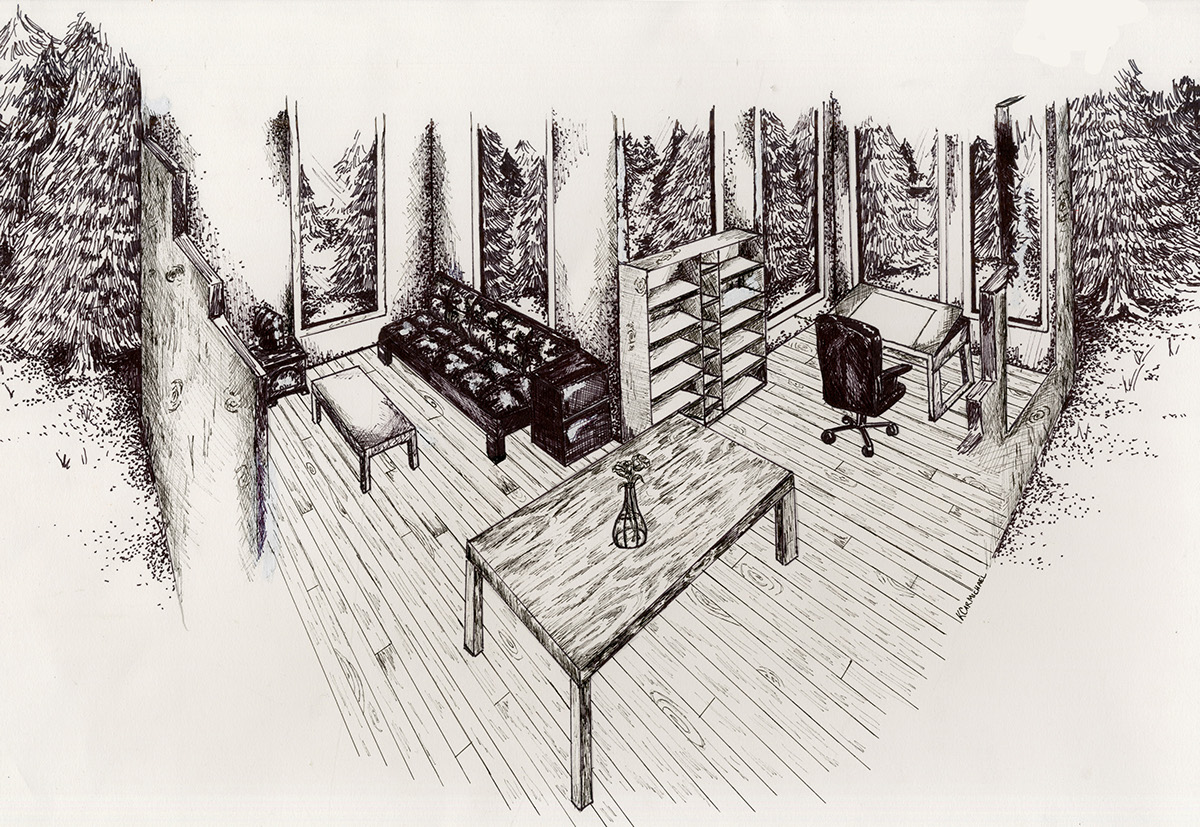 Perspective art pen and ink exterior Interior
