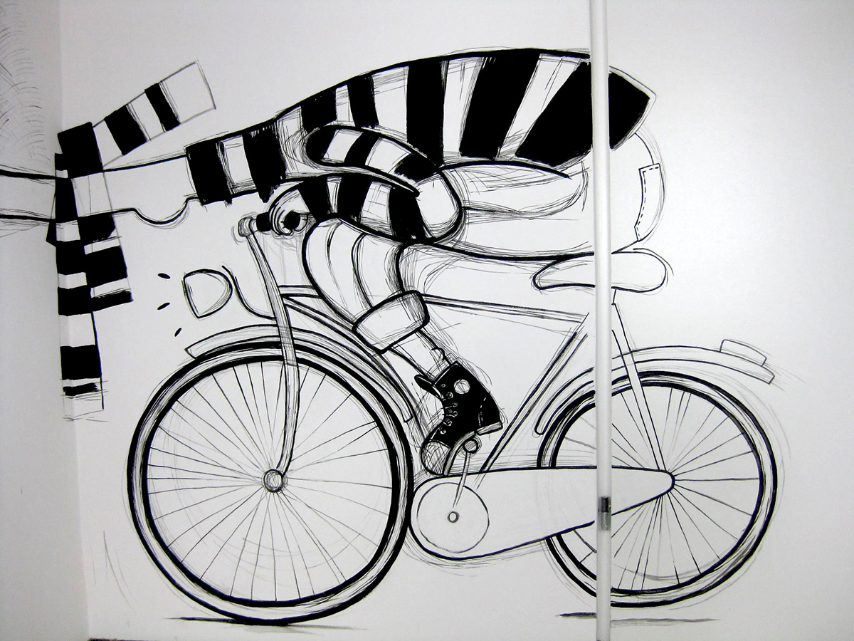bikes wallpainting wall Black&white cafe