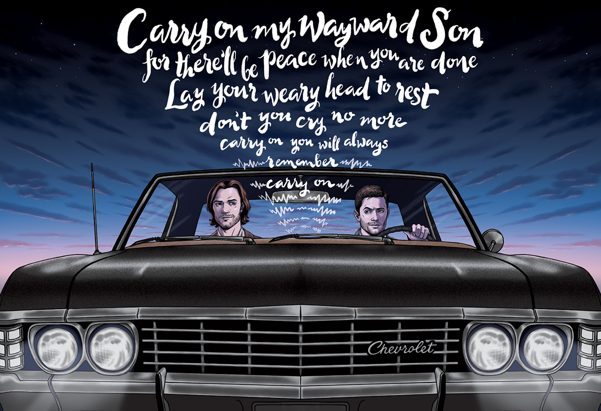 Supernatural winchesters tv horror tv show Dean Winchester Sam Winchester alternative poster lettering HAND LETTERING hand type cw portrait likeness car