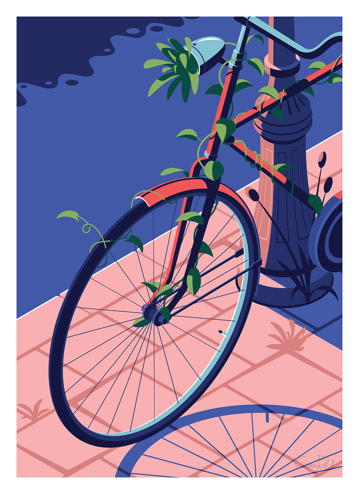 summer city architecture Pool Bicycle vector artwork poster plants Korea