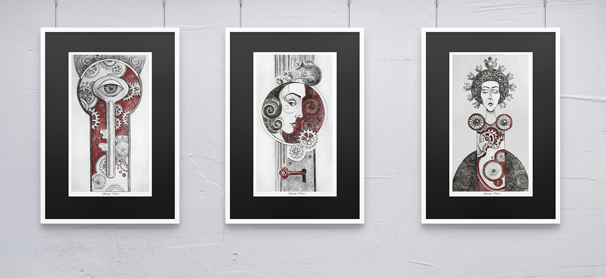 line-engraving #triptych #illustration #printing press #graphic design etching