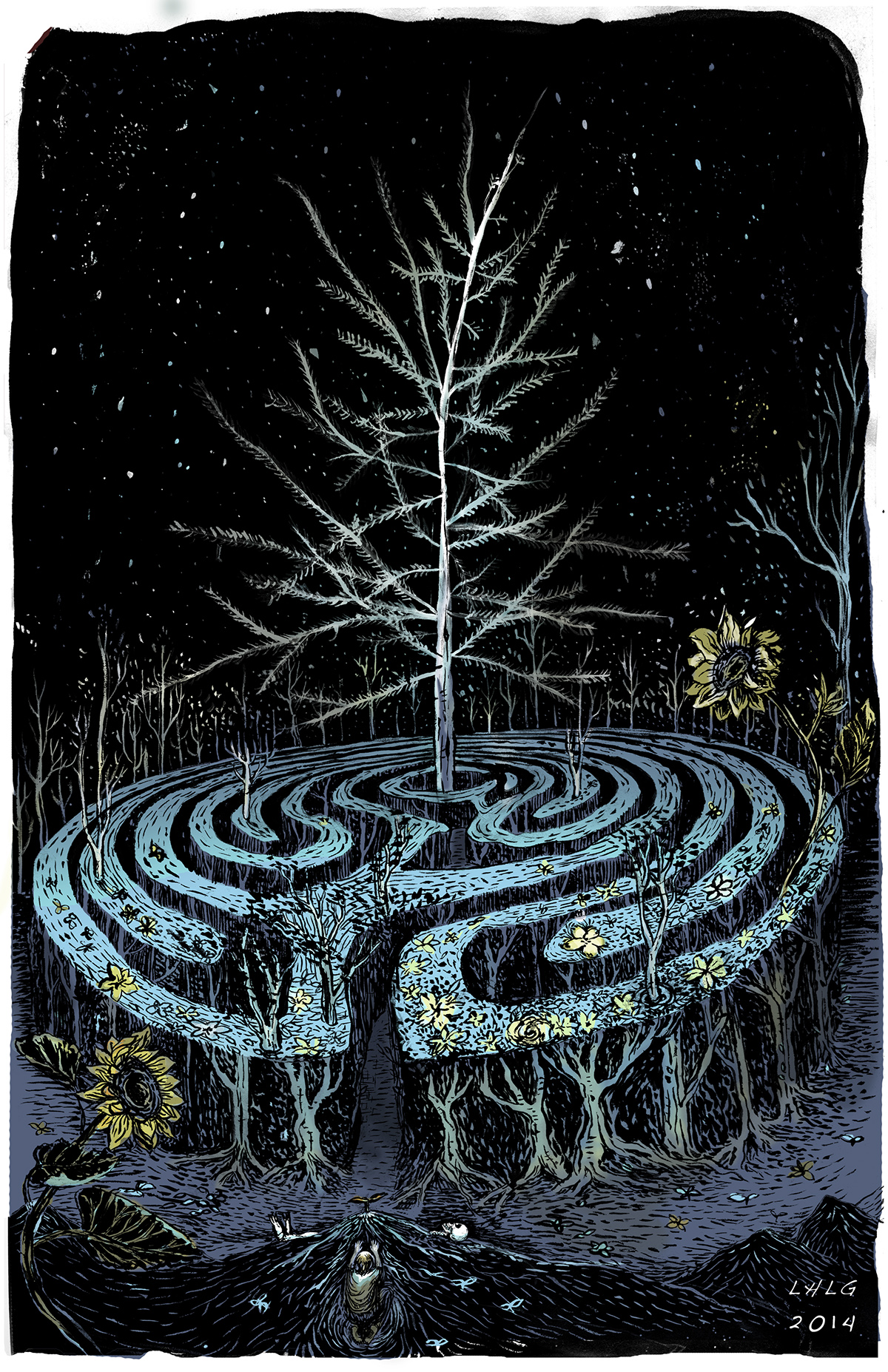 labyrinth maze Tree  winter burial death skeleton Nature