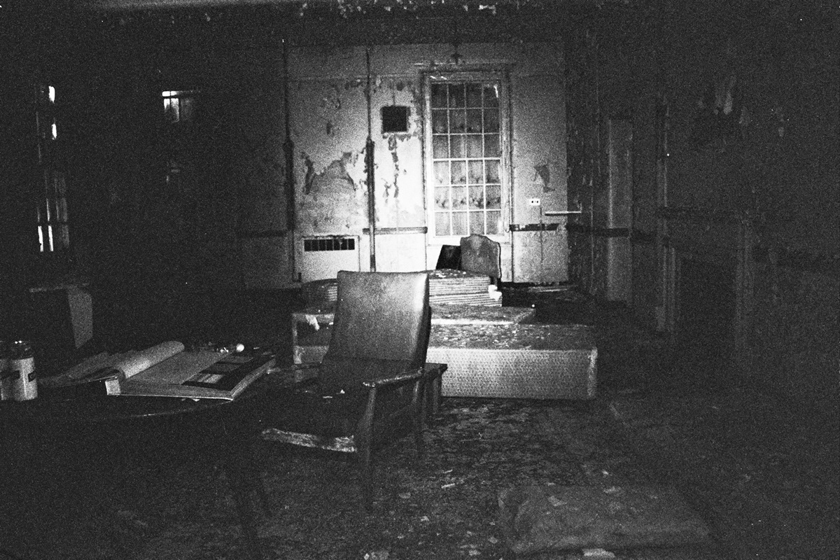 black & white film photography 35mm abandoned dilapidated derelict Urban Decay run down urban exploration mental hospital