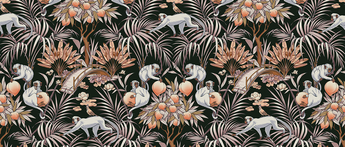 monkeys chinese peaches sun waking garden pattern design  seamless pattern chinese animal drawing botanical