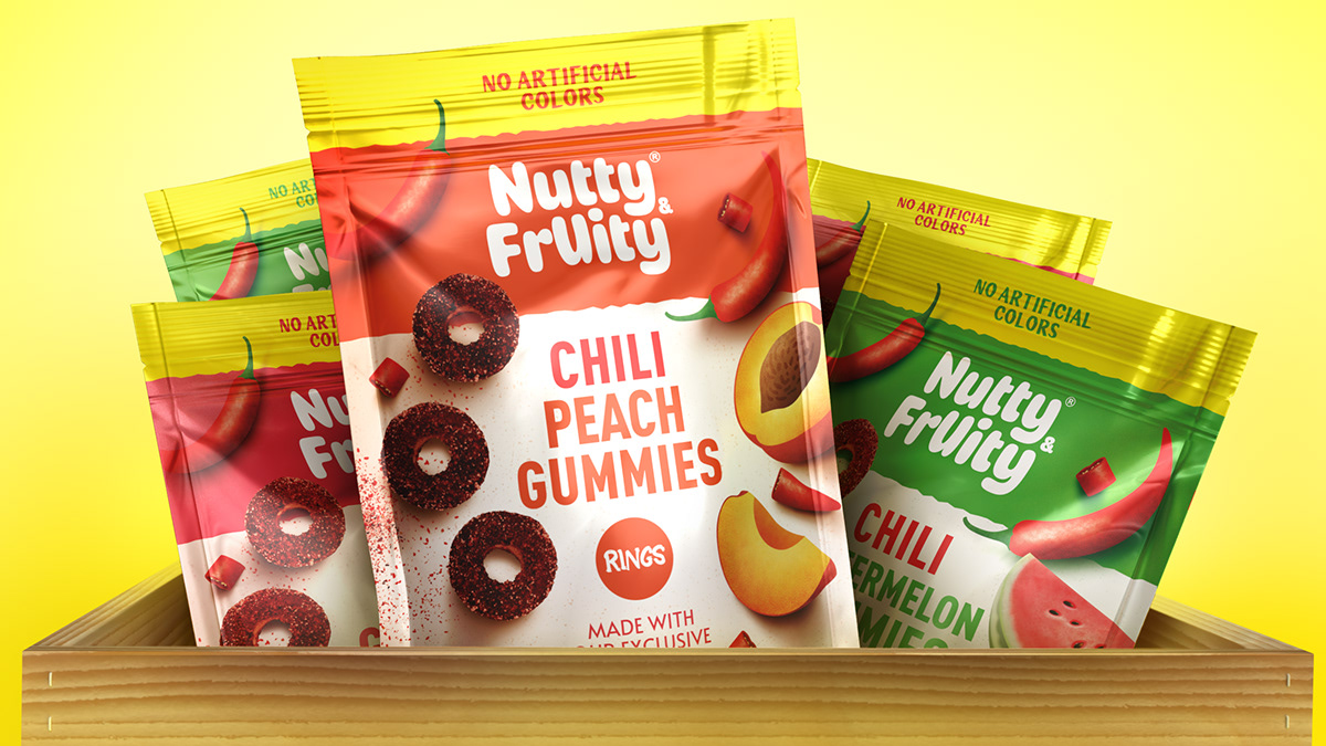 Food Packaging pouch gummies Playful Food  Render Pouch Packaging chili rings snack packaging