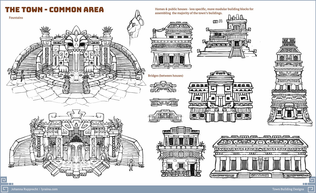 concept design sketches of a mesoamerican fantasy town, latin america aztec maya inspired