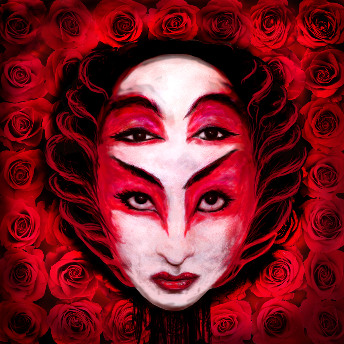 watercolor red Roses japan geisha