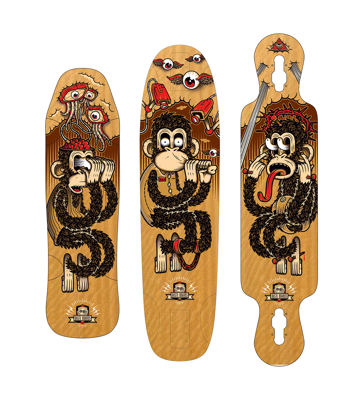 LONGBOARD,skate,monkey,ape,bastl,brett,deck,wood,three wise monkeys,vector,...
