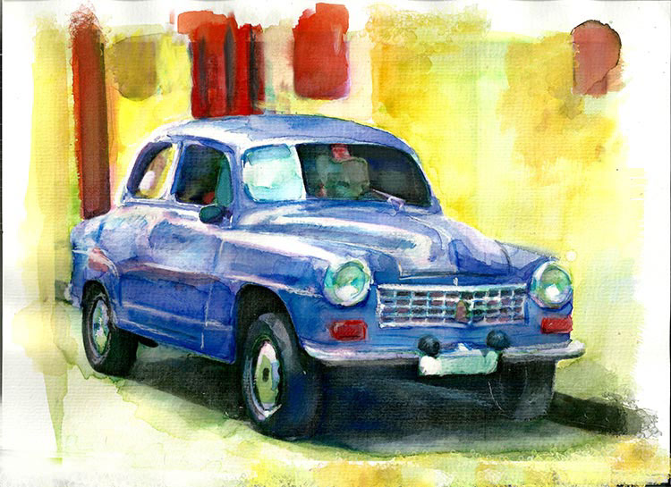 acuarela AZUL coche coche cubano