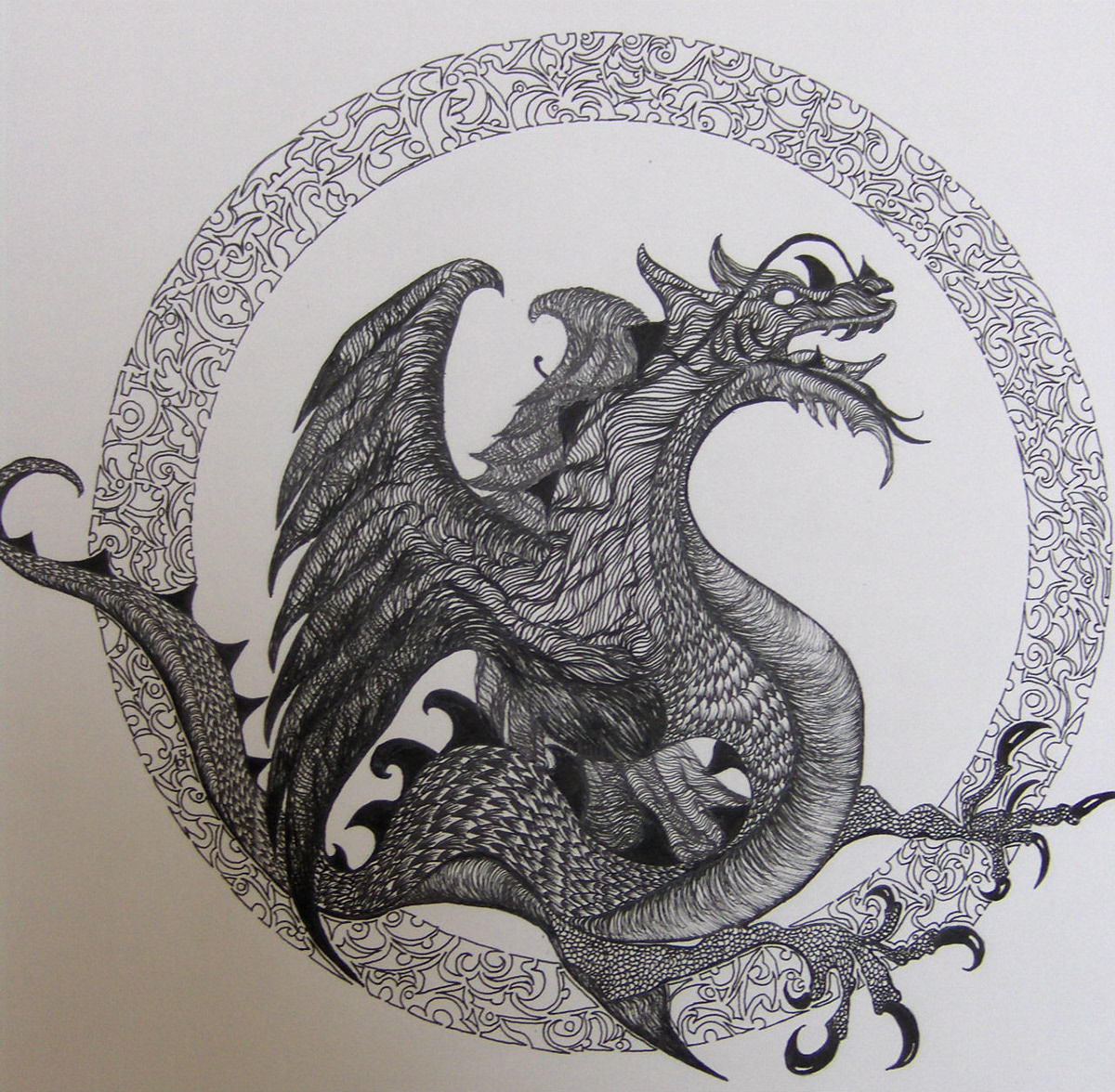 ink black and white  dragon freehand
