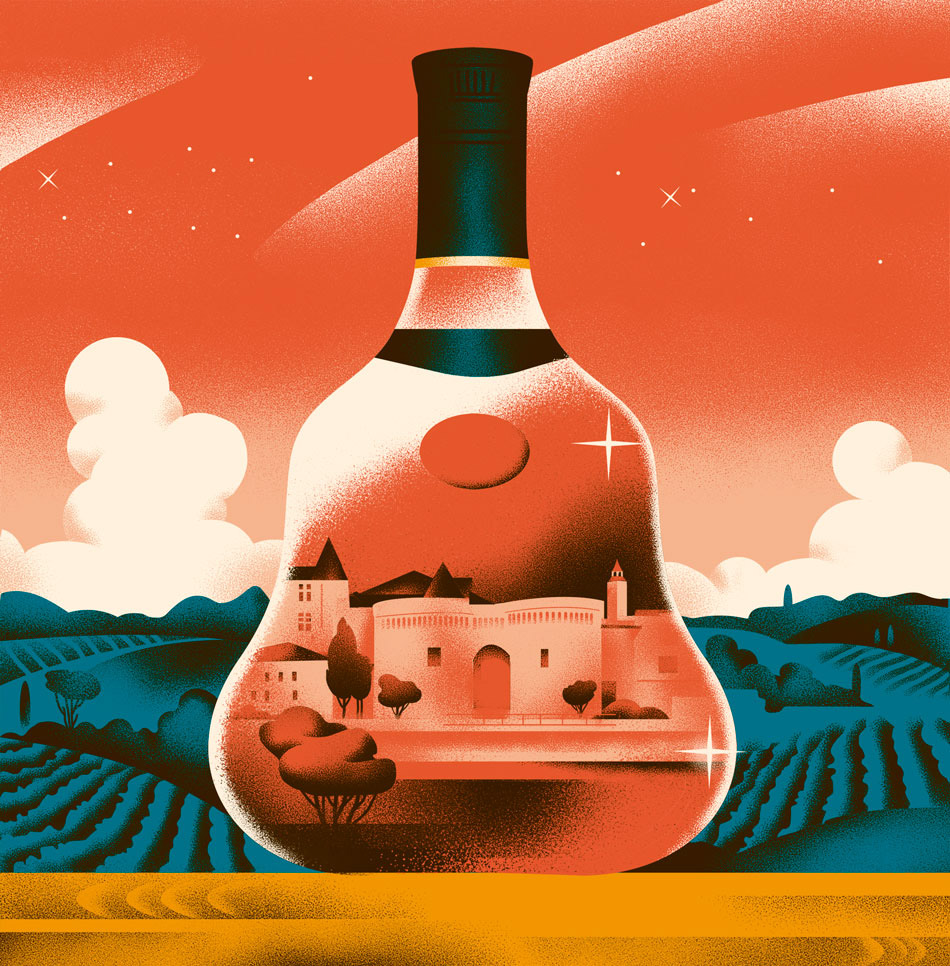 Cognac drink GQ history ILLUSTRATION  Landscape music bottle cocktail journey