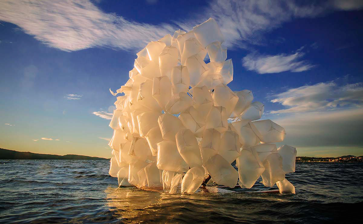 wind plastic bag holy spirit contemporary installation light sea