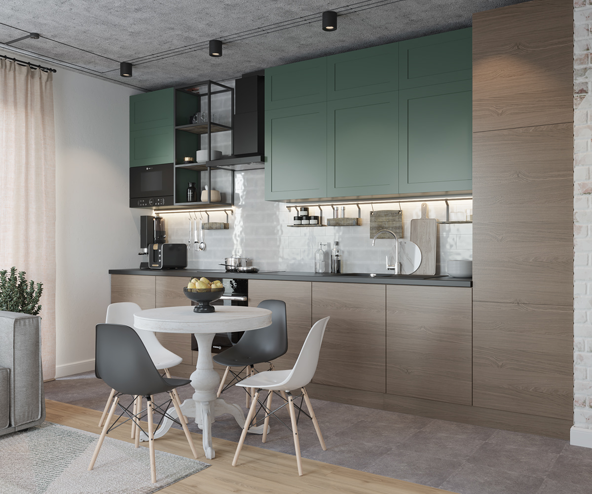 livingroom interiordesign loftstile design kitchenloft designifkitchen greenkitchen brickwall grey