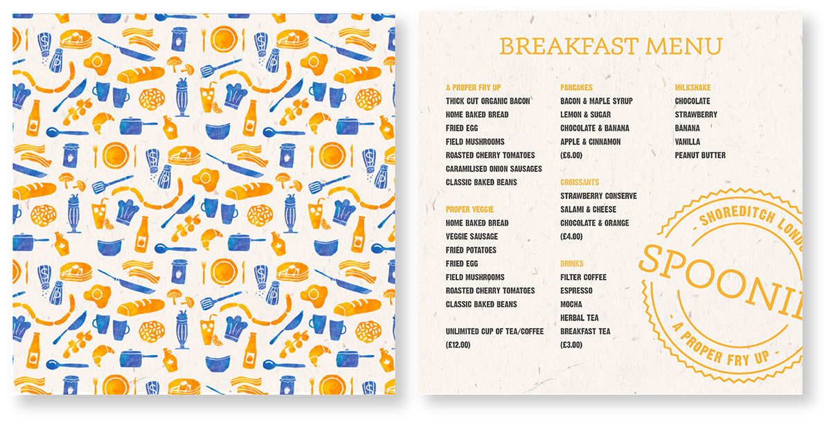 cafe Food  Brand toolkit guidelines Hipster London shoreditch arty indie breakfast fry up yellow blue water colour menu