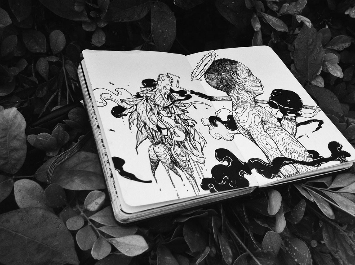 tenfold pen and ink Taj Francis sketchpad moleskine black and white Tropical design