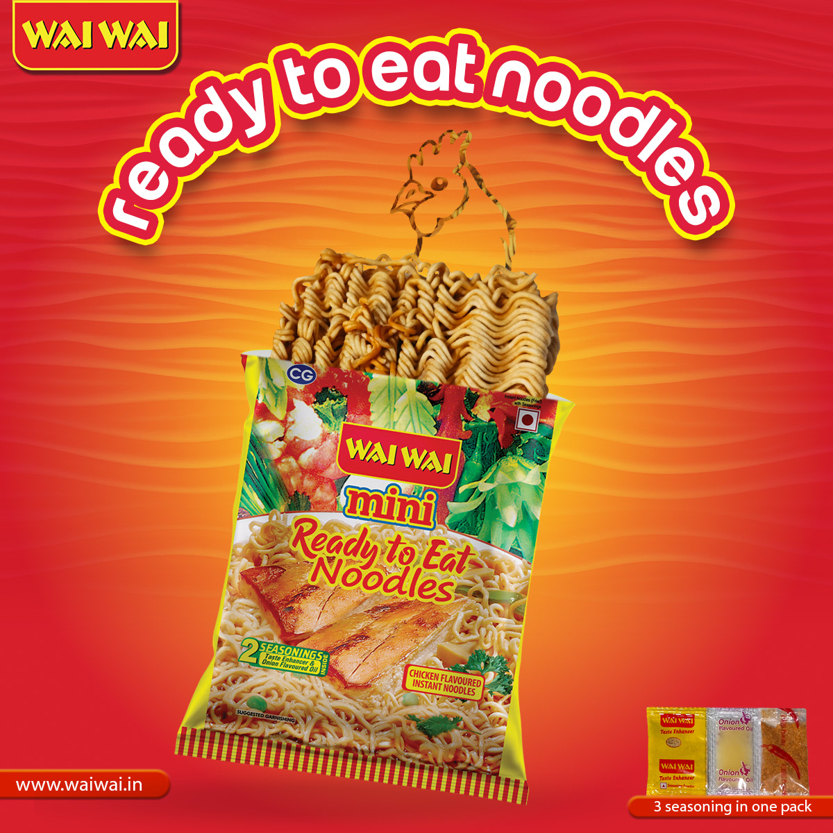 advertisement branding  chicken creative noodles portfolio Ready to Eat Noodles seasonings social media WAI WAI