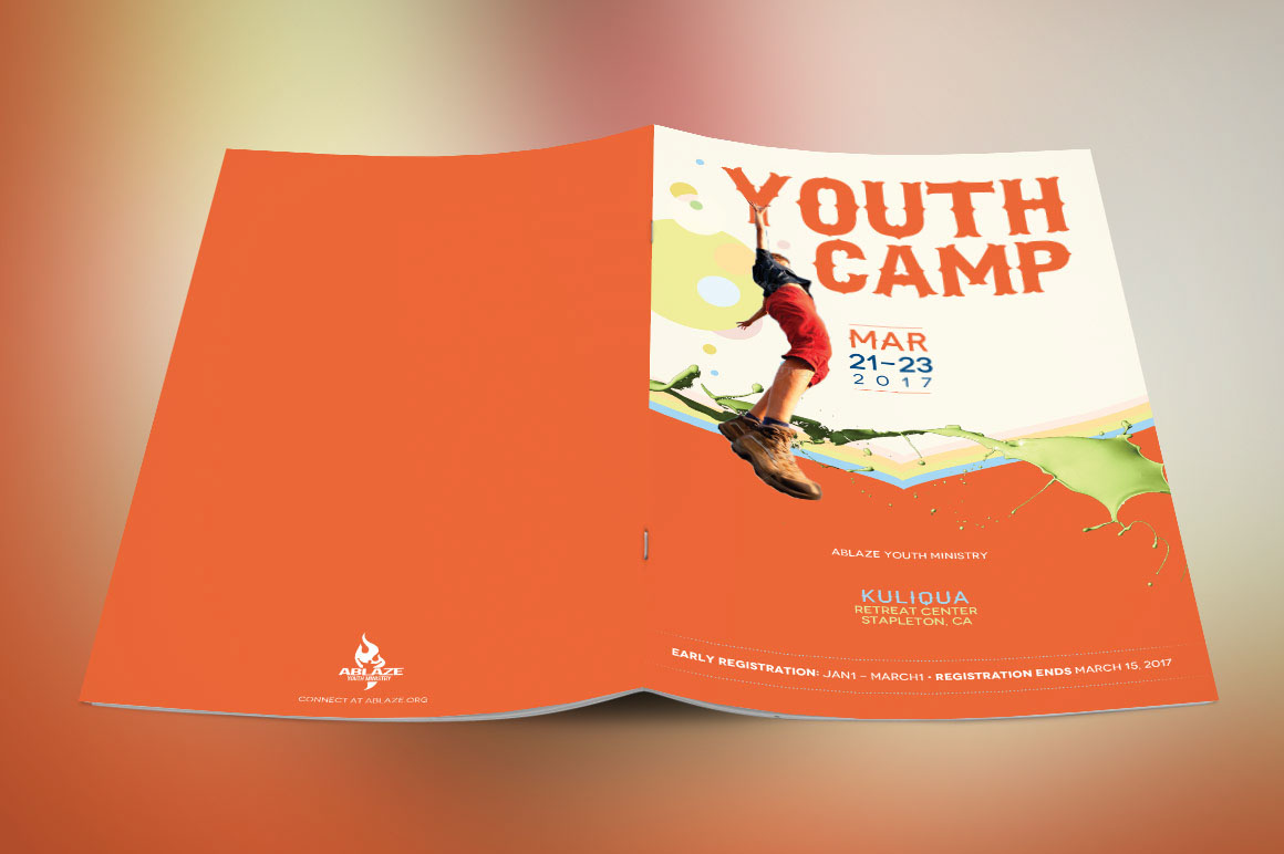 youth camp church brochure template Bi-fold orange retreat marketing   VBS