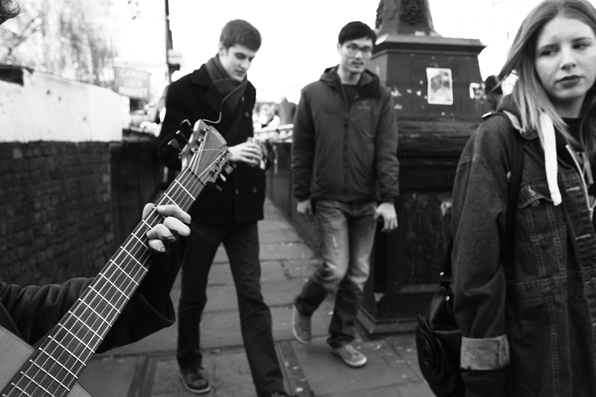 London camden busker guitar black and white