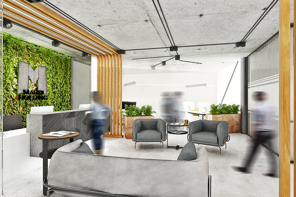 interior design  architecture Office Lobby green reception concept