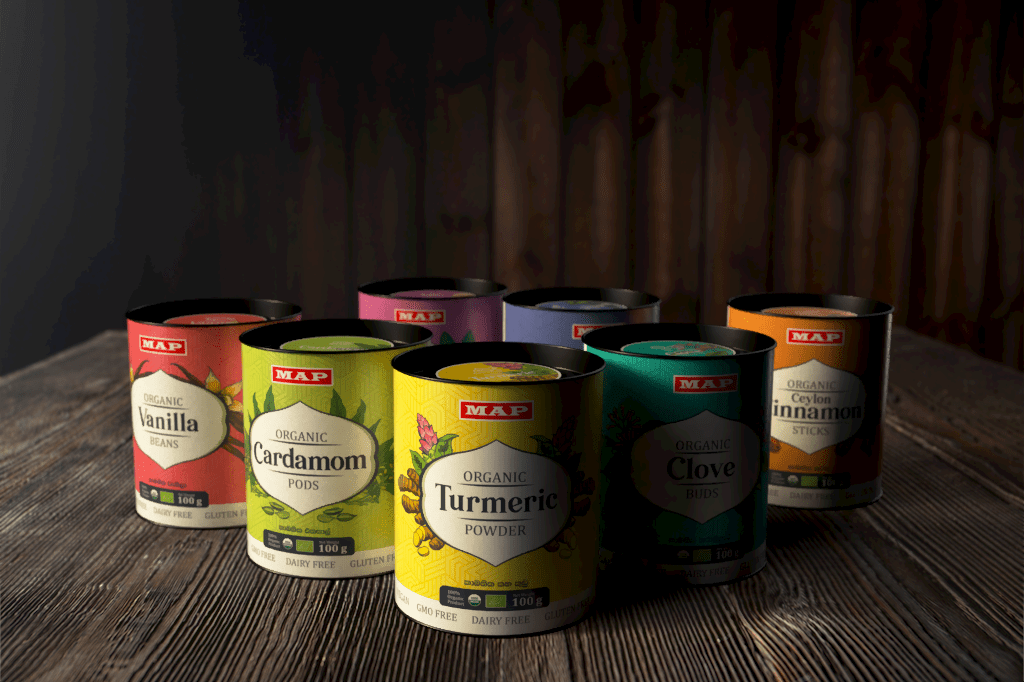 spice package tin paper canister paper can design cardomom cinnamon tea Ceylon