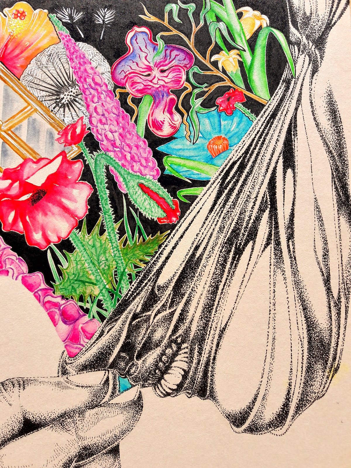 Nicolas Skorupka paper ink watercolour portrait Flowers colors hand mask garden
