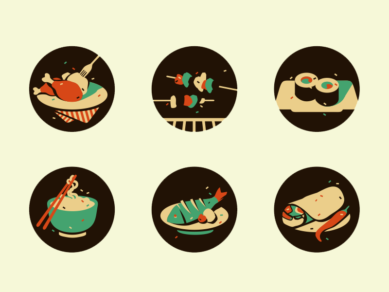 Food  icons meal meat fish Sushi Rice noodles