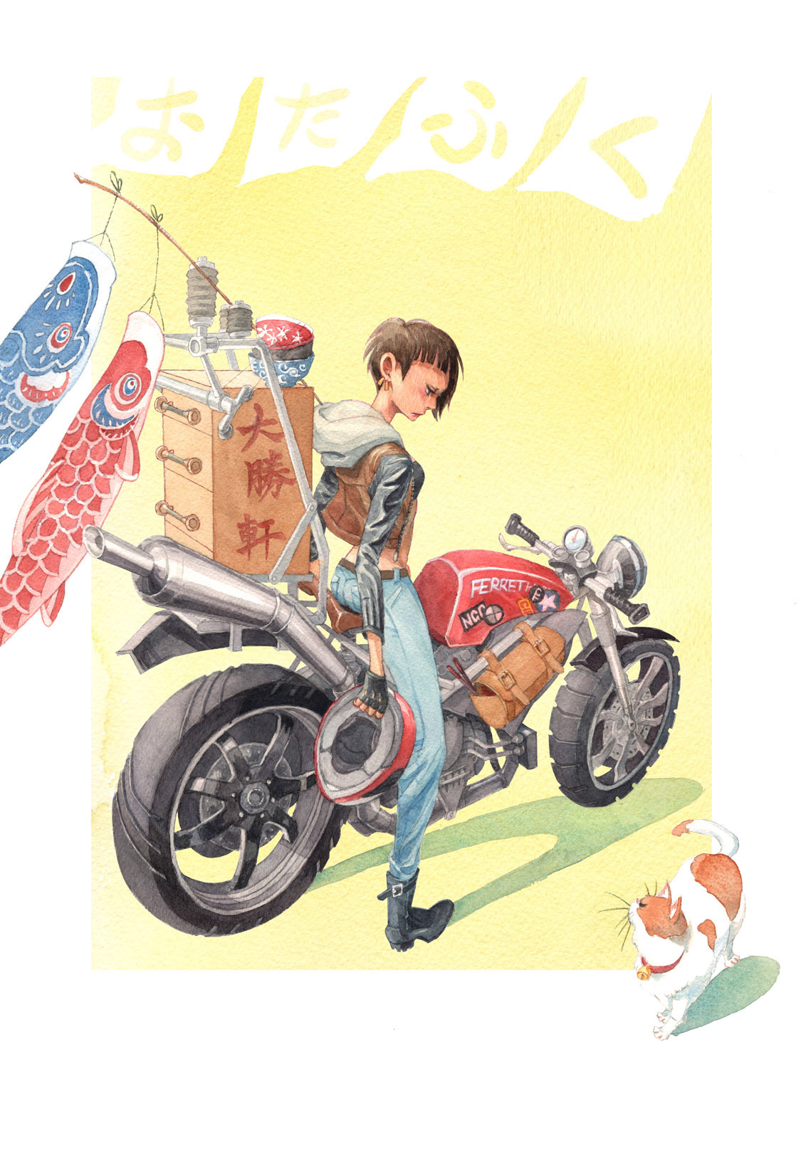 shelly chen shelly chen illustration motorcycle Cat ramen poster