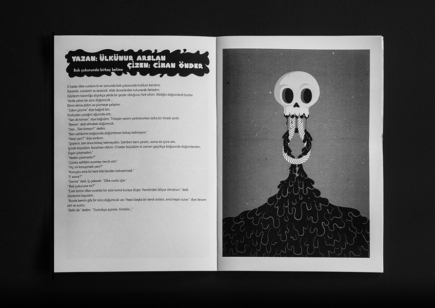 seyyar sesler hand skull fire smoke fanzine poster black and white vector art