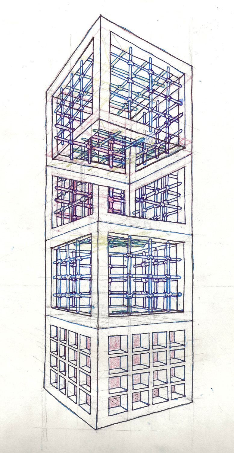 housing estate tower block geometry of living printmaking impossible figure illusion Impossible object rubik's cube cage labirynth sketch etching council estate cranbrook estate