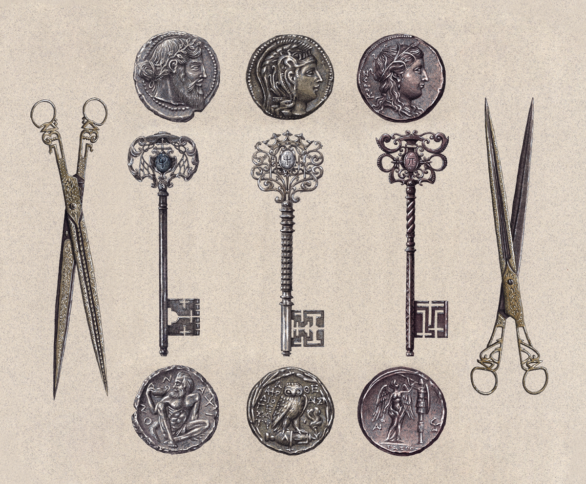 hatching ironwork study antique coins scissors key Rotring engraving watercolor