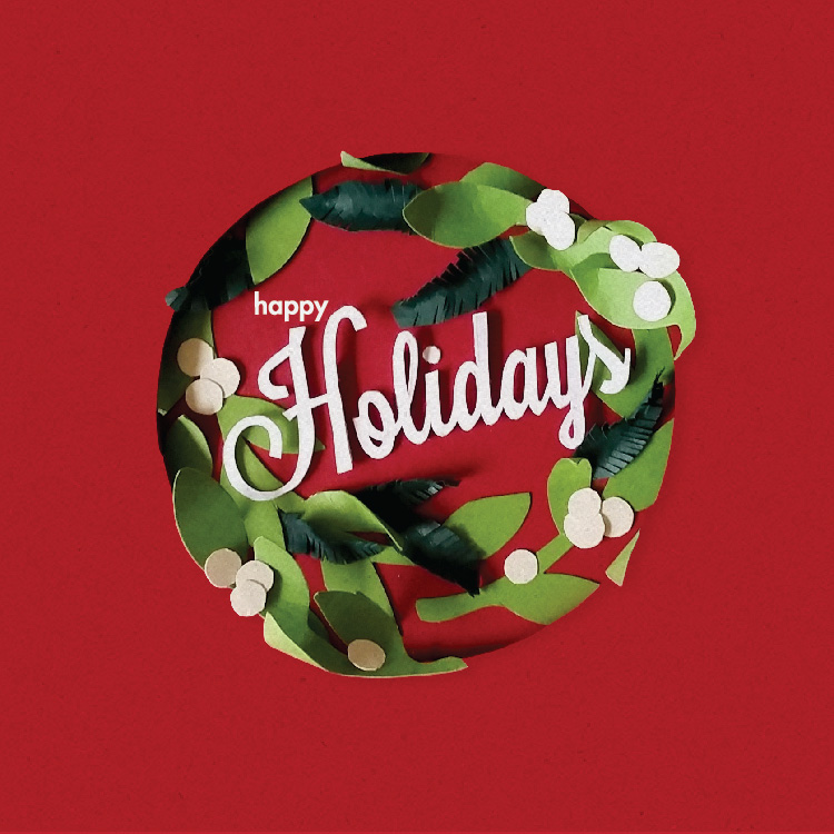 paper cut Holiday card leaves red green Happy Holidays collage luxe paper art Holiday Greetings holly