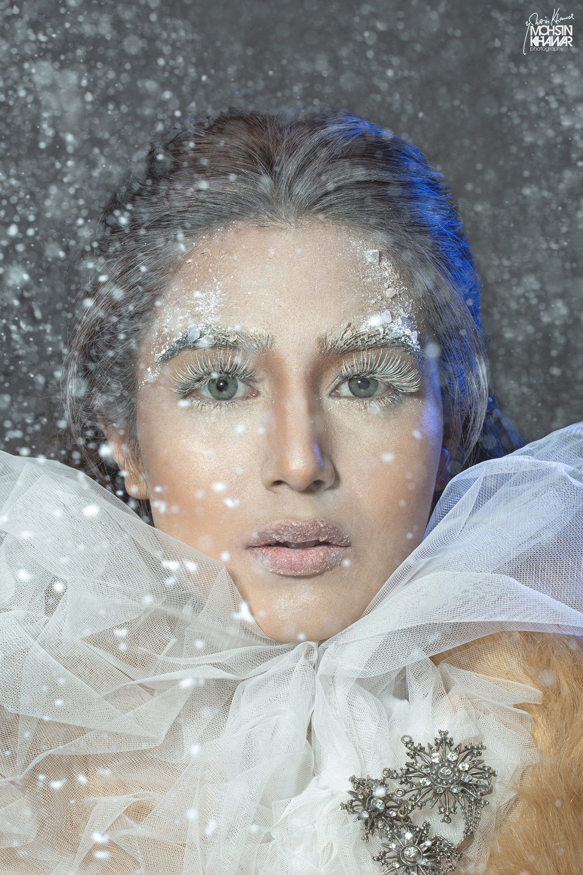 beauty beauty editorial beauty retouch ice Mohsin Khawar Pakistan portraits snow flakes snow queen winter