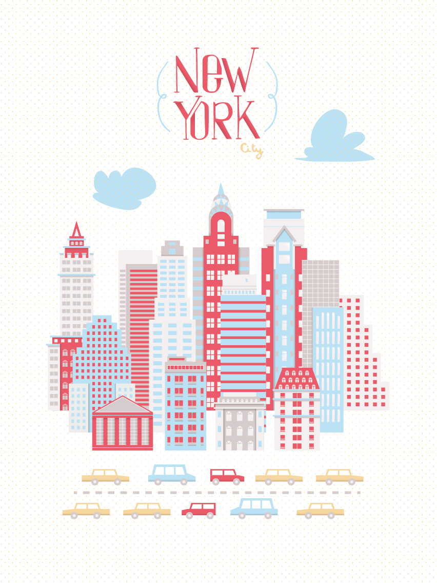 New York nyc Landscape city view digital vector red blue building house poster print Paris London