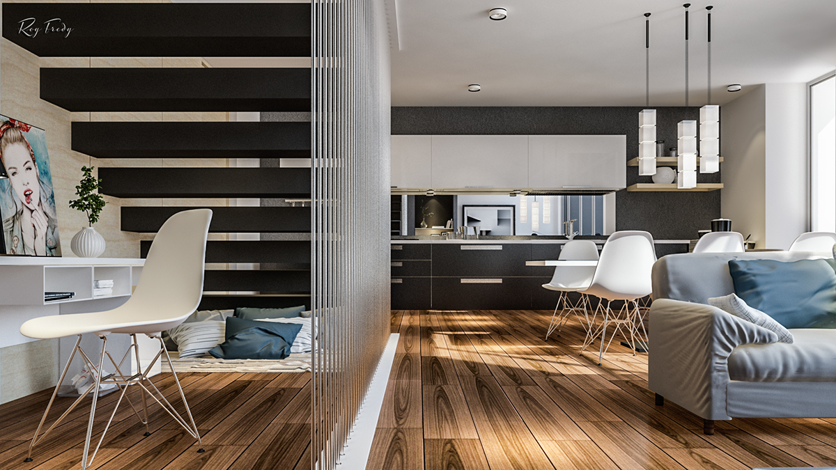 Render duplex apartment 3D archviz model Interior design living dinning kitchen room tv light